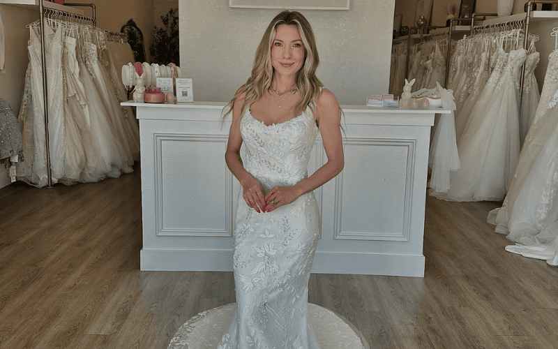 bride wearing a minimalist second wedding dress with lace