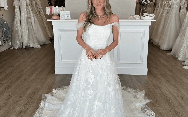 bride at babe bridal boutique wearing a line dress