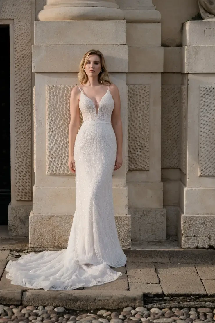 Beaded V-Neck Wedding Dress with Sheer Straps