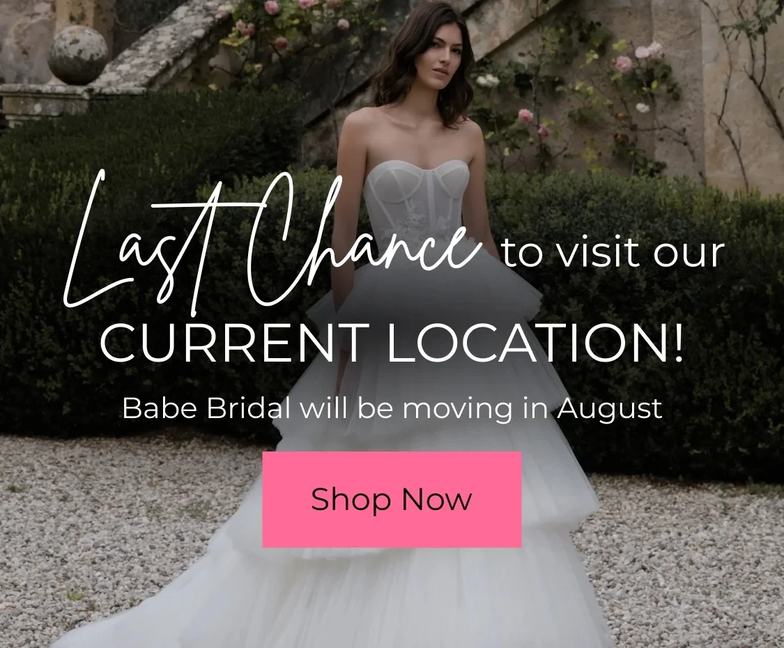 Models wearing bridal gown, last chance to visit current location mobile banner