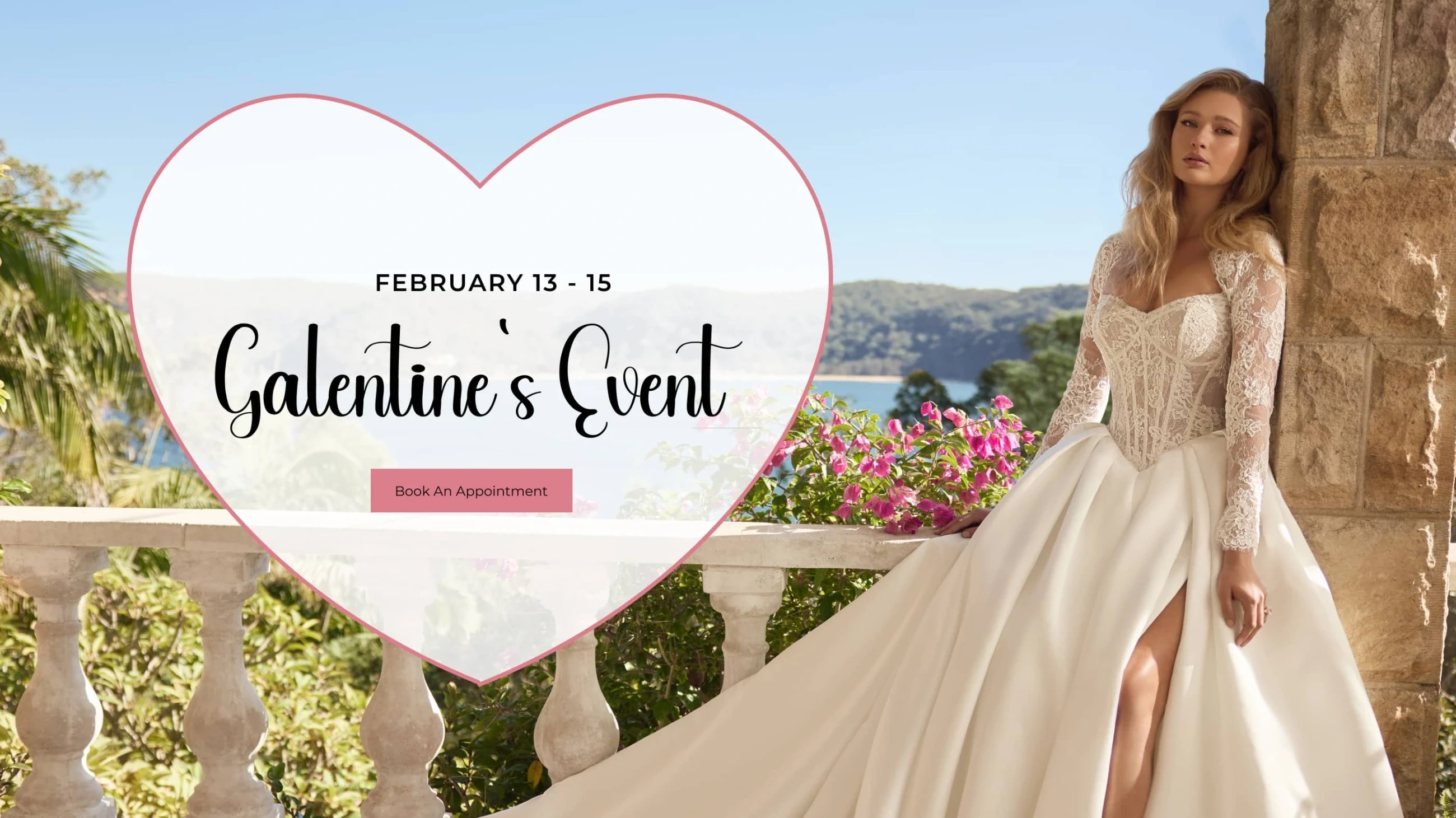 Galentine's Event desktop banner, model wearing sophia tolli wedding dress