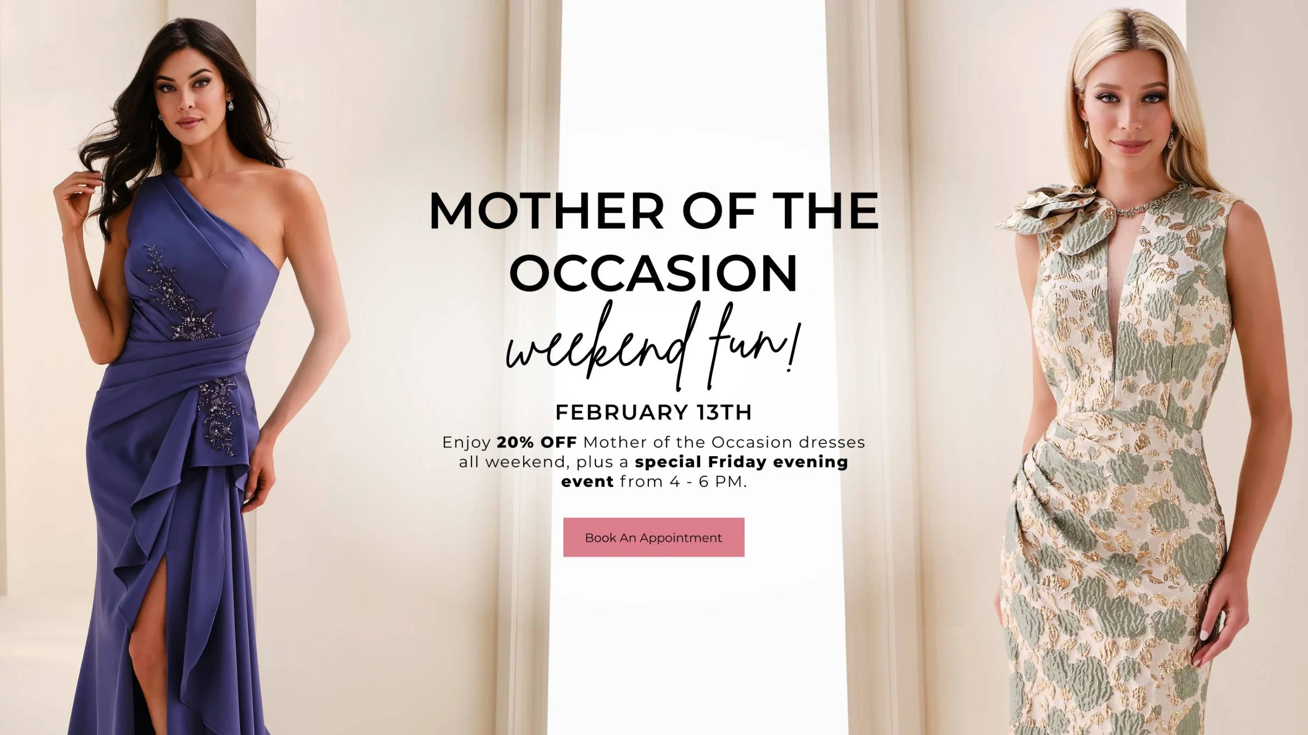 Mother of the occasion weekend fun desktop banner, models wearing mother of the bride dresses