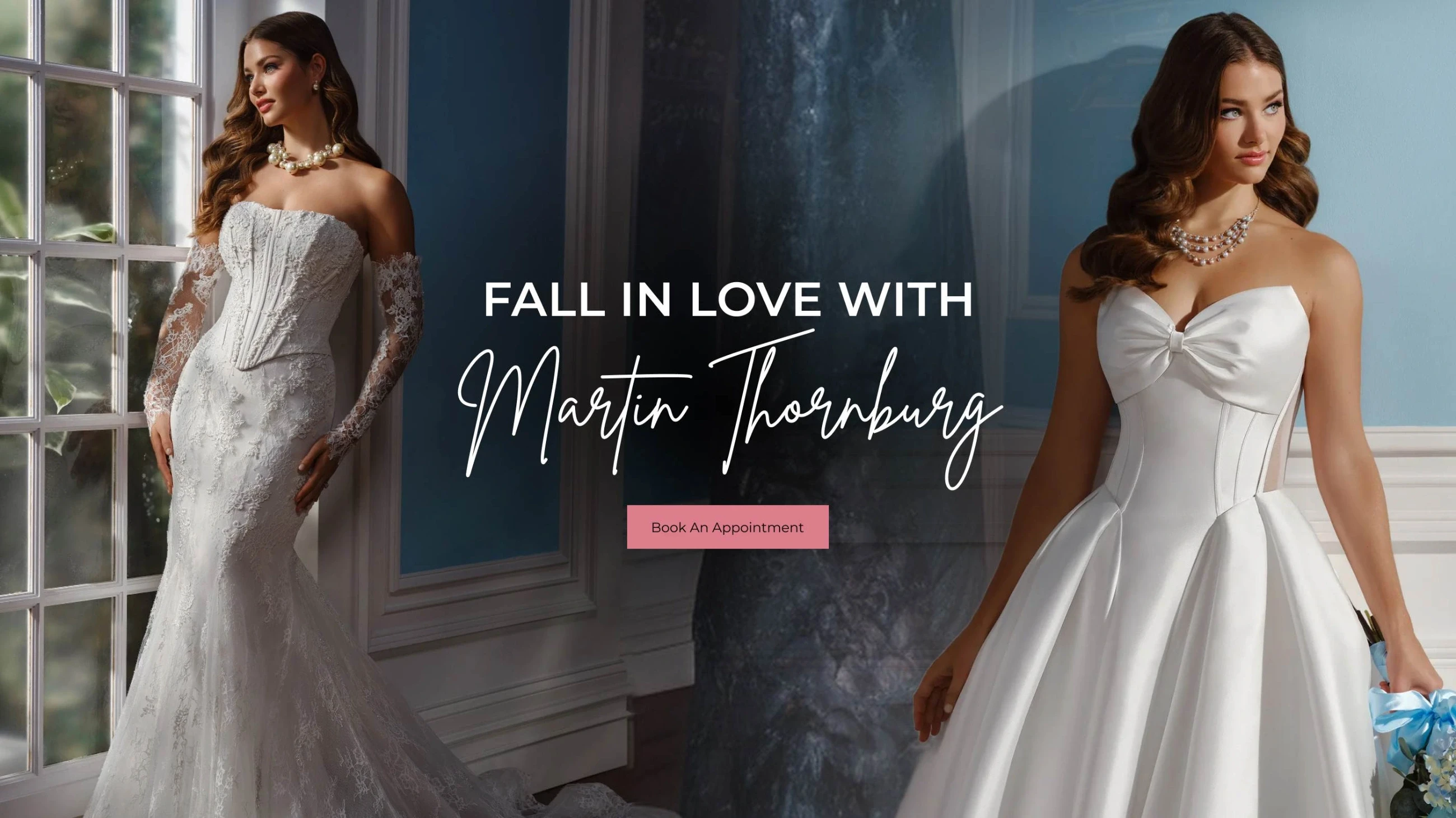 Models wearing Martin Thornburg bridal dresses, desktop banner