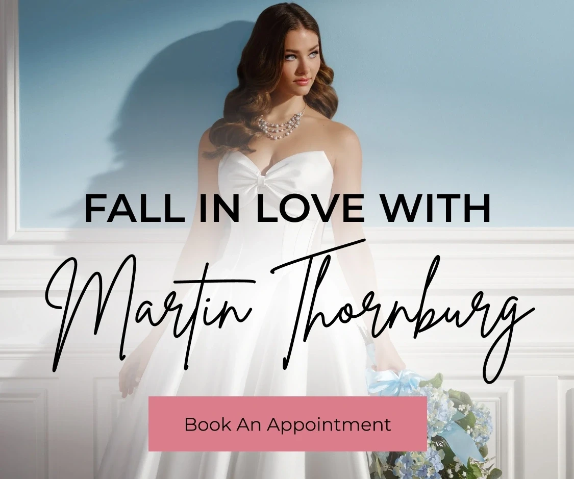 Models wearing Martin Thornburg bridal dresses, mobile banner