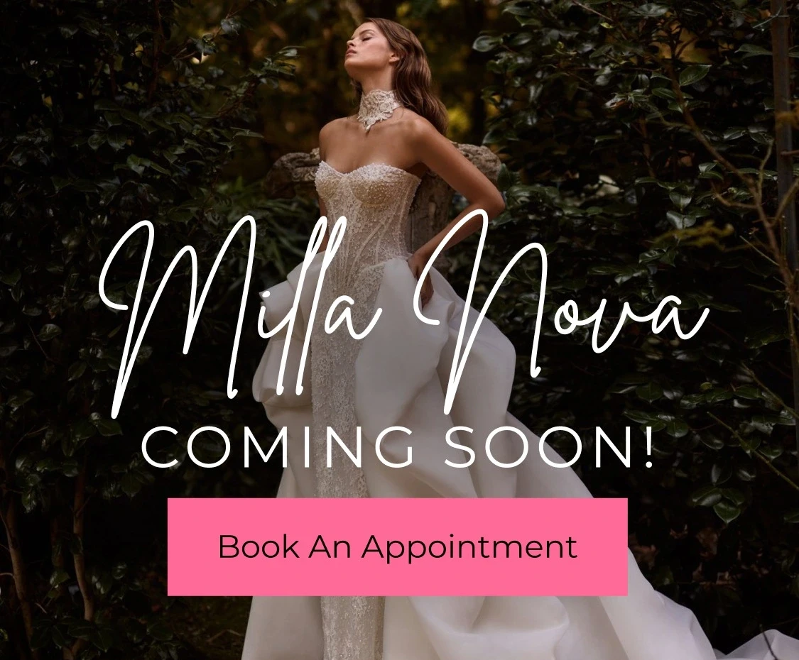 Model wearing Milla Nova bridal dress, mobile banner