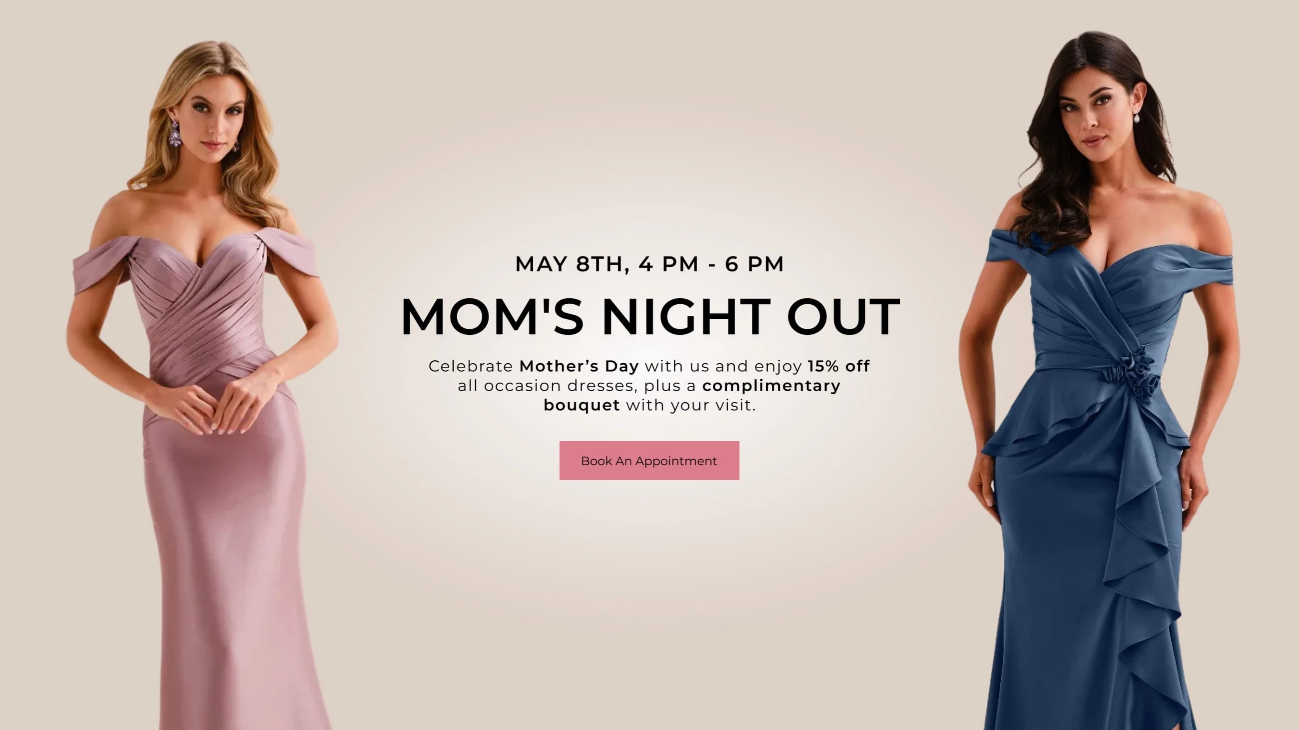Models wearing mother of the bride dresses, mom's night out event desktop banner