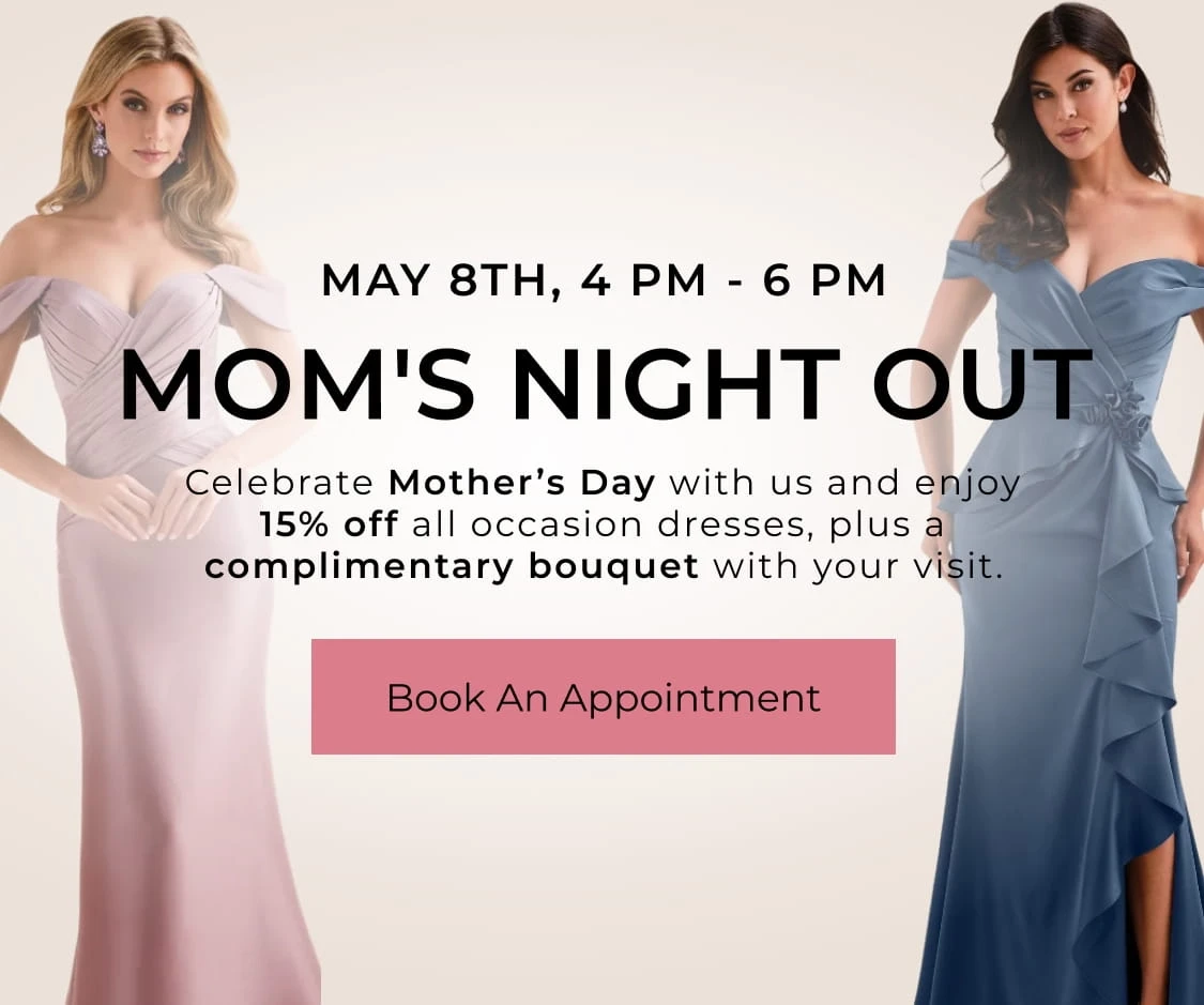 Models wearing mother of the bride dresses, mom's night out event mobile banner