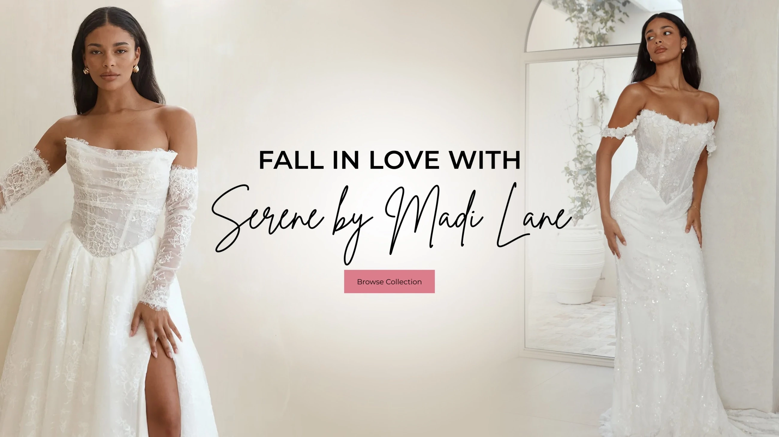 Models wearing Serene by Madi Lane bridal gowns, desktop banner