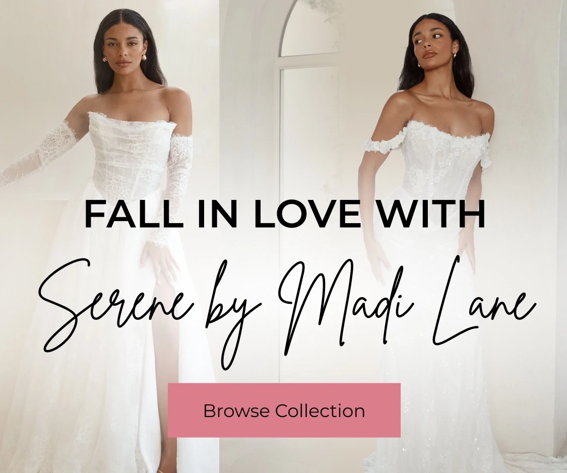 Models wearing Serene by Madi Lane bridal gowns, mobile banner