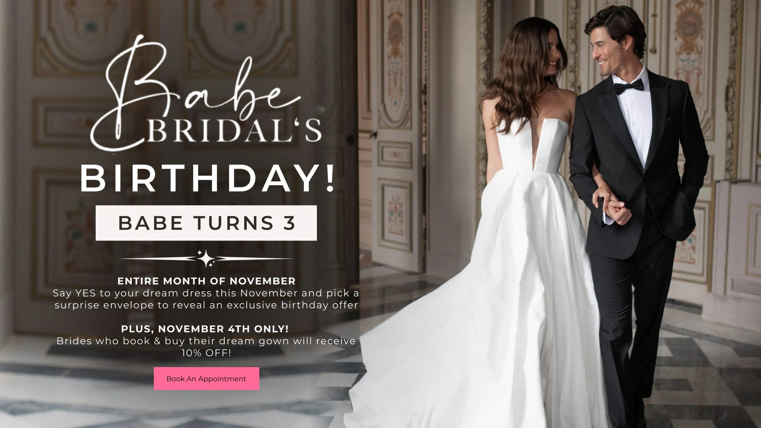 Models wearing Bridal dress and black suit, Babe Bridal's Birthday desktop event banner