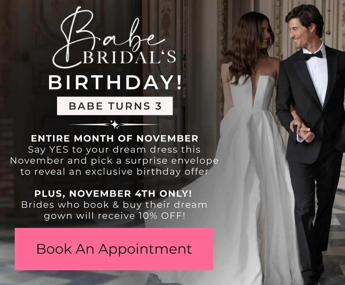 Models wearing Bridal dress and black suit, Babe Bridal's Birthday mobile event banner